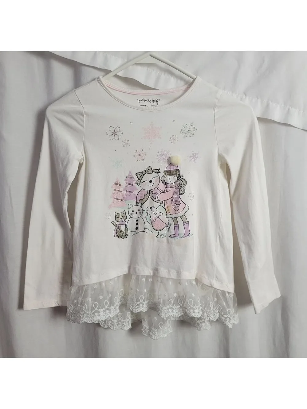 Cynthia Rowley Top Girls' White Winter M 7/8 Snowman cats frilly lace glitter